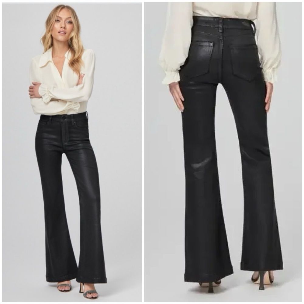 NWT Paige Genevieve Black Fog Luxe Coating Flare Pants Size 28 - Picture 3 of 15
